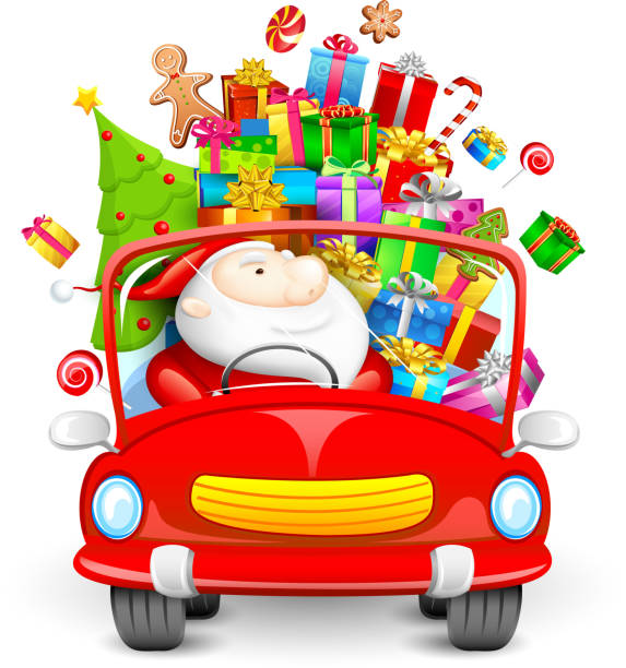 istock Santa Claus driving car with Christmas gifts 453415135