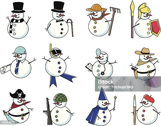 Snowman In Many Fancy Costumes Stock Illustration - Download Image Now - Snowman, Doctor, Cowboy