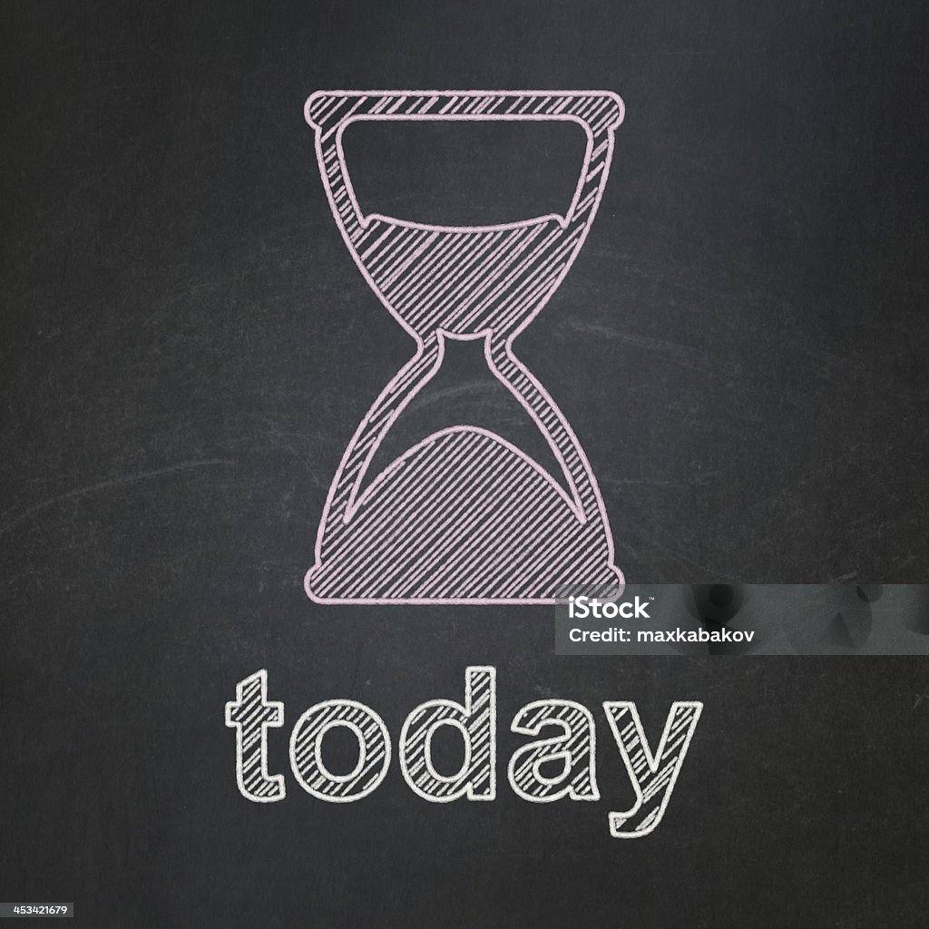 Timeline concept: Hourglass and Today on chalkboard background Timeline concept: Hourglass icon and text Today on Black chalkboard background, 3d render Chalkboard - Visual Aid Stock Photo