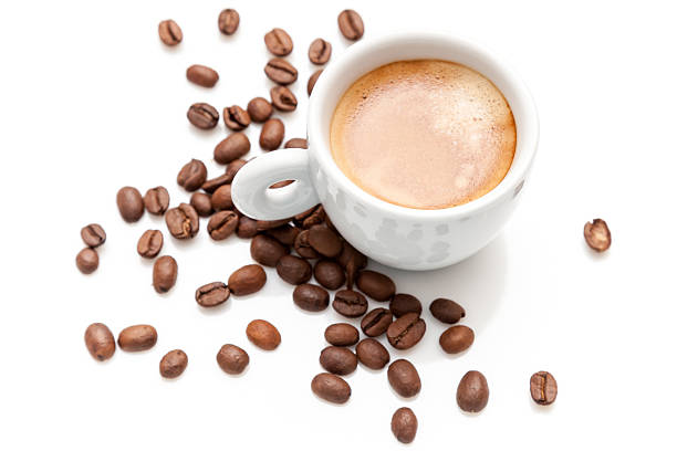 istock Small espresso cup with coffee beans isolated on white 453422757