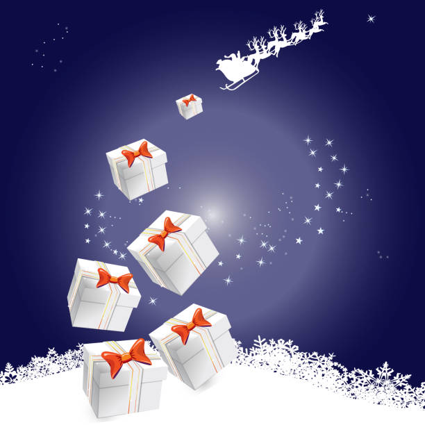 istock christmas background with gifts, stars, Santa and reindeer 453424801