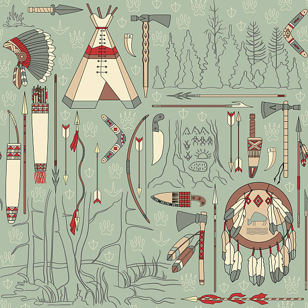 nahtlose indianischen muster mit wald landschaft - weapon dagger hunting hunter stock-grafiken, -clipart, -cartoons und -symbole