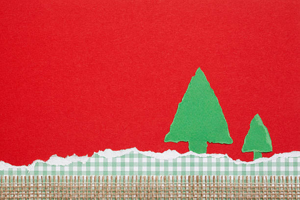 istock Green Trees on Checkered and Red Background, Paper Tear, Christm 453434237