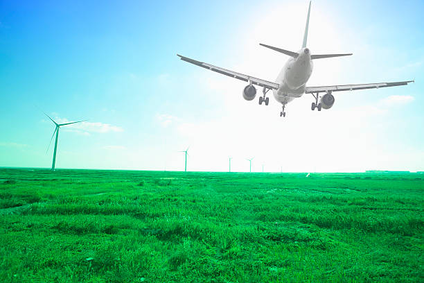 istock airplane landing with green grassland 453439491