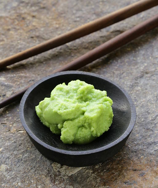 A little bowl with Japanese wasabi and chopsticks