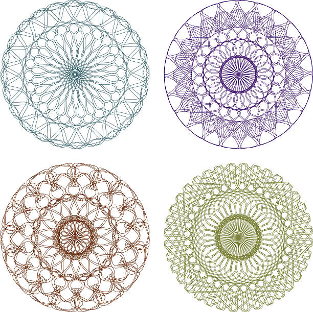 세트마다 백색과 벡터 길로쉐 rosettes - guilloche pattern circle four objects stock illustrations