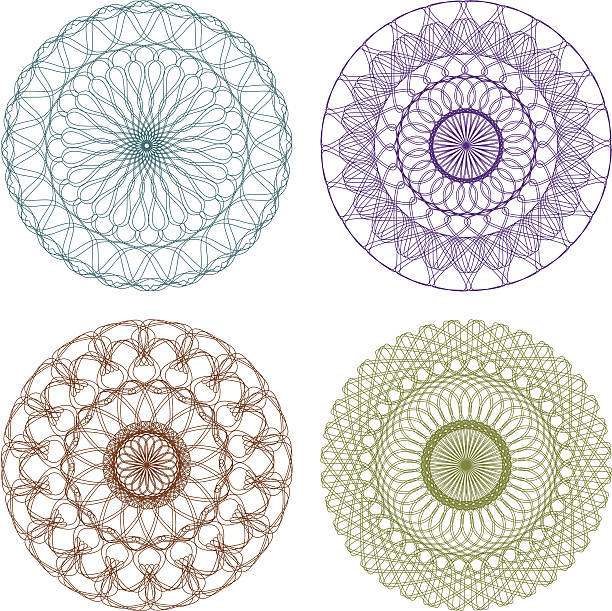 ilustrações, clipart, desenhos animados e ícones de conjunto de vetor de cores guilhoché rosettes - lace guilloche decoration circle