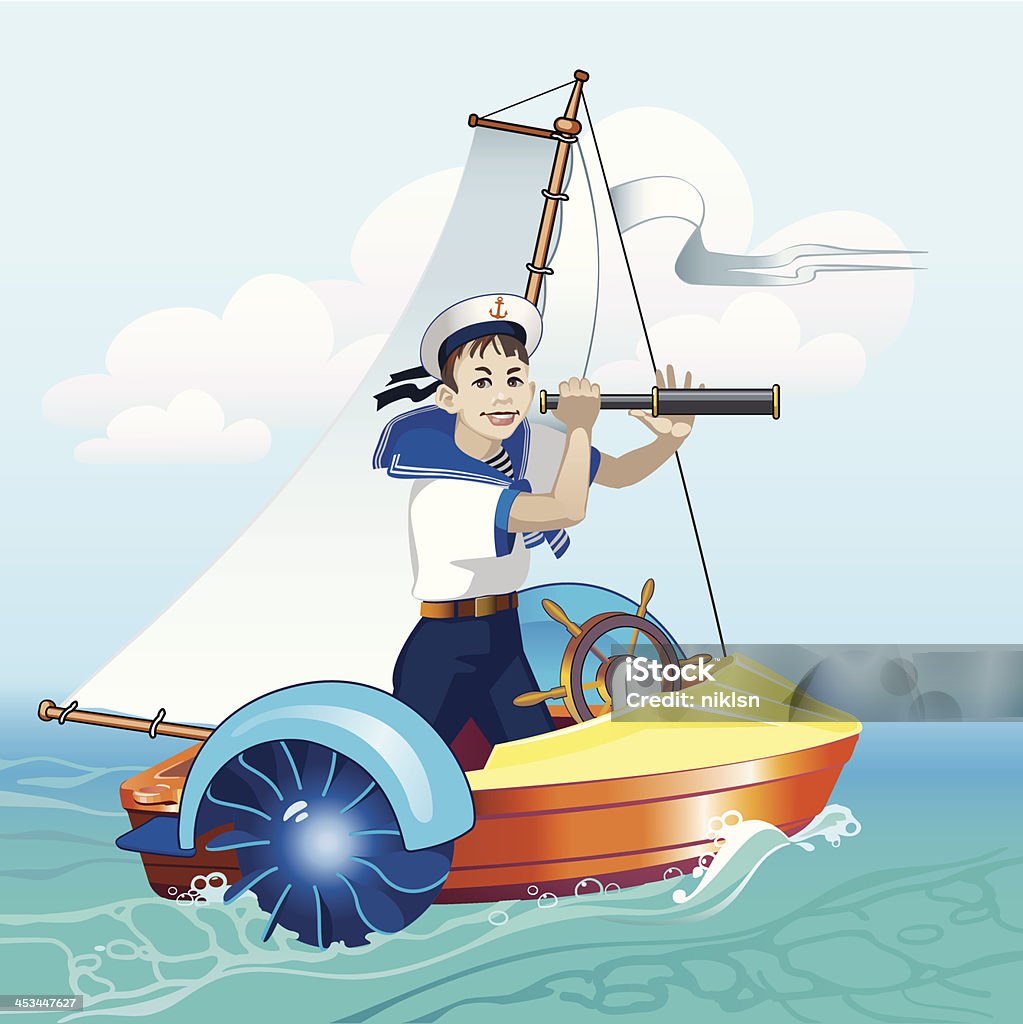 Niño con telescópica en el bote - arte vectorial de Marinero libre de derechos