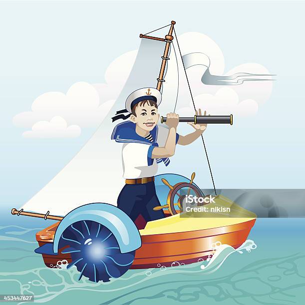 Ilustración de Niño Con Telescópica En El Bote y más Vectores Libres de Derechos de Marinero - Marinero, Agua, Capitán