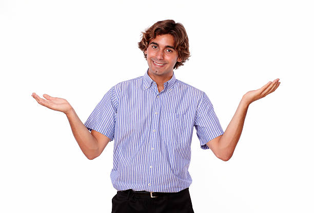istock Smiling adult man holding out his palms. 453448131