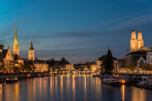 Zurich Skyline and the River Limmat in the Evening  Switzerland