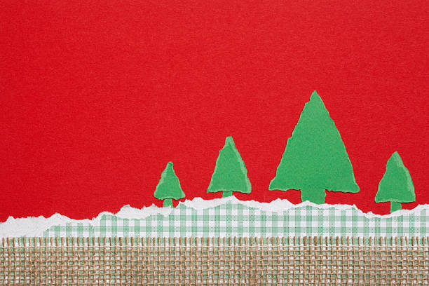 istock Green Trees on Checkered and Red Background, Paper Tear, Christm 453453659