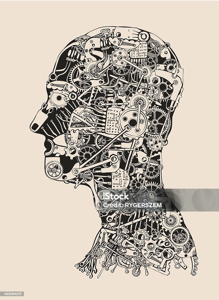 Cogs and Gears Human Head. Cyborg profile. Pen And Ink stock vector