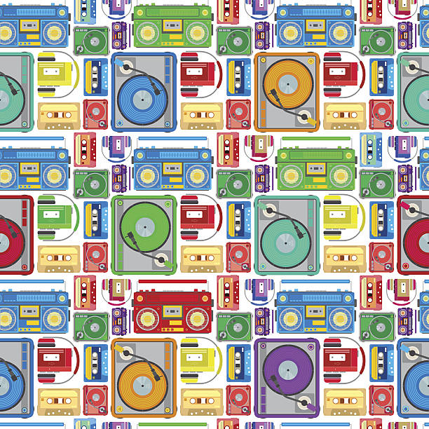 Funky 80's Themed Audio Equipment Seamless Tile. Super retro Styled illustration of Retro Funky 80's Themed Audio Equipment pattern creating a seamless tile. Works as an amazing screensaver. disco themed party stock illustrations