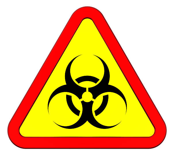 생물학적 위험 경고 팻말 흰색 바탕에 그림자와 - biochemical warfare biohazard symbol virus laboratory 뉴스 사진 이미지