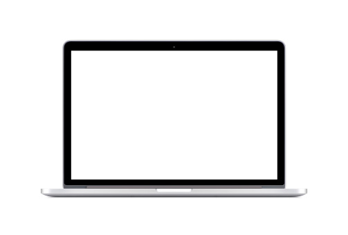 Directly  front view of a modern laptop with a white screen isolated on white background. High quality.