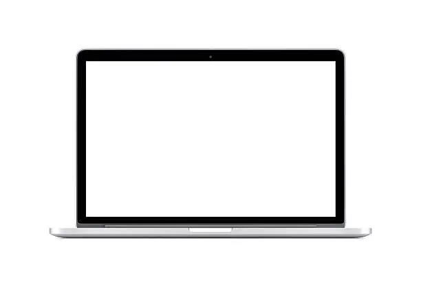 Directly  front view of a modern laptop with a white screen isolated on white background. High quality.