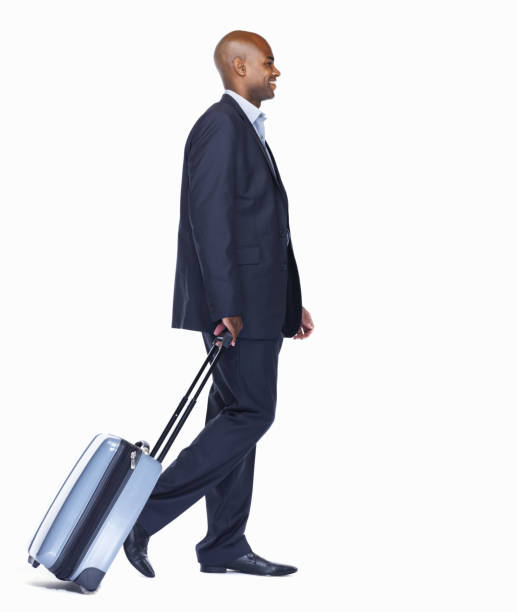 istock Happy business man with luggage on white 453472531