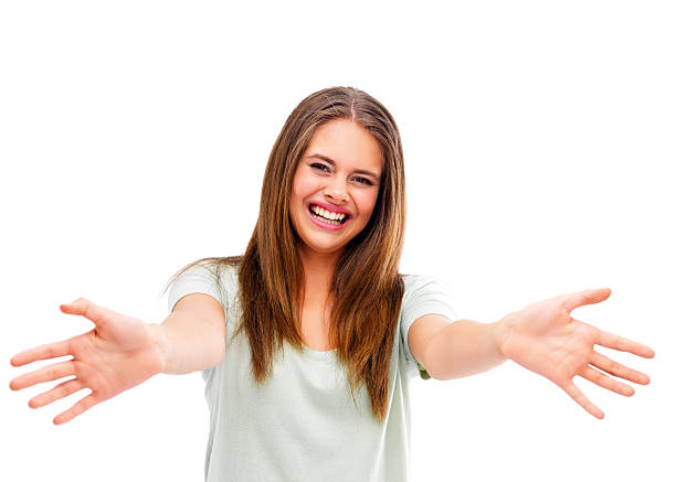 istock Cute young female using hands to gesture on white background 453473935