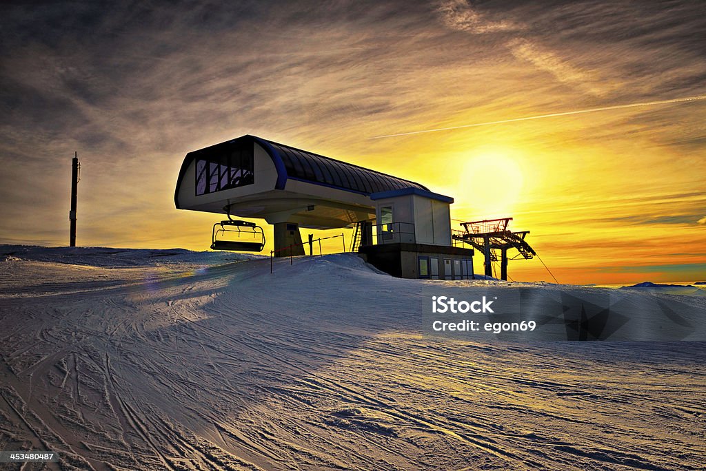 Ski chairlift station Ski chairlift station at sunset Cold Temperature Stock Photo