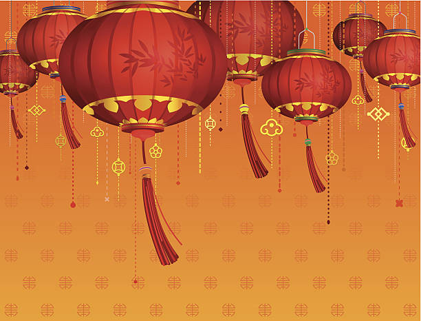 roter chinesischer laternen und dekoration. - lampionpflanze stock-grafiken, -clipart, -cartoons und -symbole