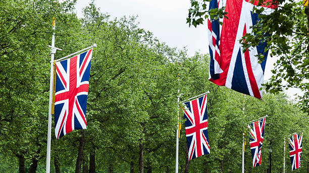 istock British Flags all in a Row Amid Lush Green Trees 453494571