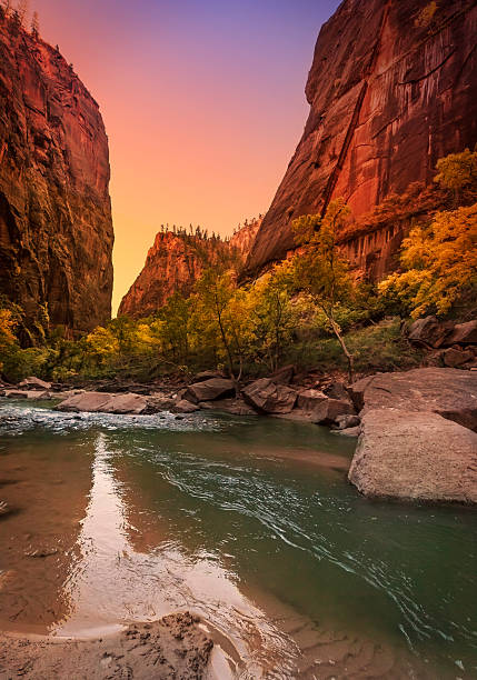 Beautiful Zion National Park on a sunny autumn day. Breathtaking landscape with river, trees and rocks