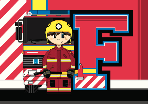 Firefighter & Fire Engine Letter F