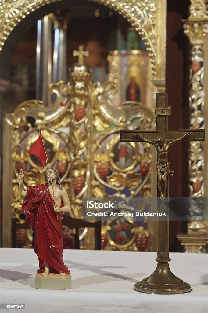 Elements of Eucharist,  against the Sacred Gate of the church. Altar Stock Photo