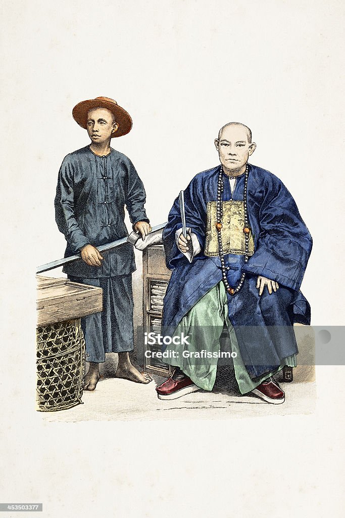 Китайский рабочий, и торговый в традиционную одежду 1870 - Стоковые иллюстрации Художественный портрет роялти-фри
