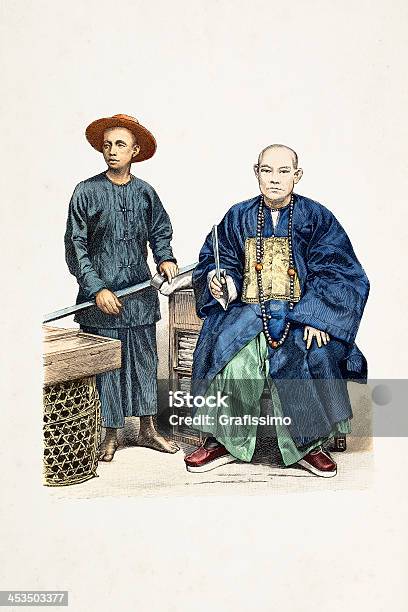 Китайский Рабочий И Торговый В Традиционную Одежду 1870 — стоковая векторная графика и другие изображения на тему Художественный портрет