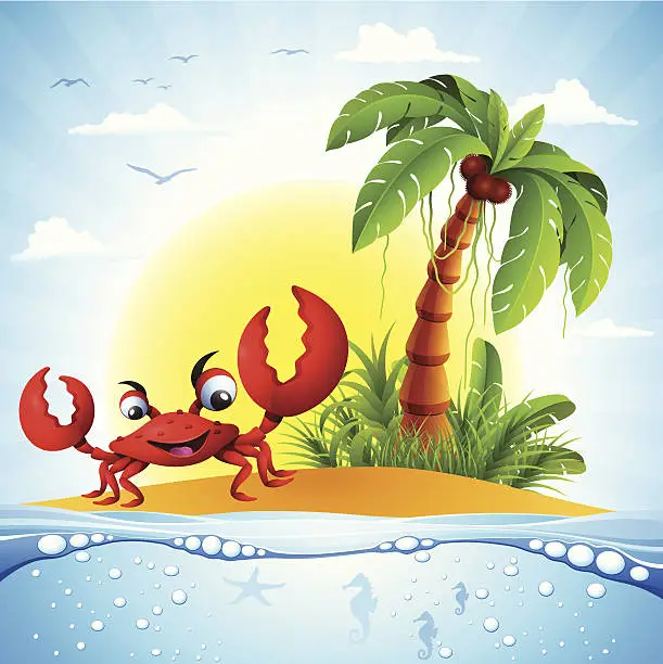 Vector illustration of Crab and Tropical Island