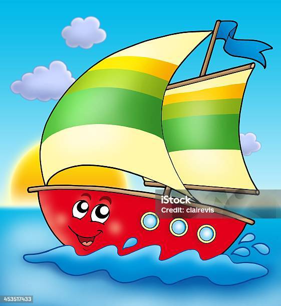 Cartoon Sailing Boat With Sunset Stock Photo - Download Image Now - Anthropomorphic Smiley Face, Art, Art And Craft