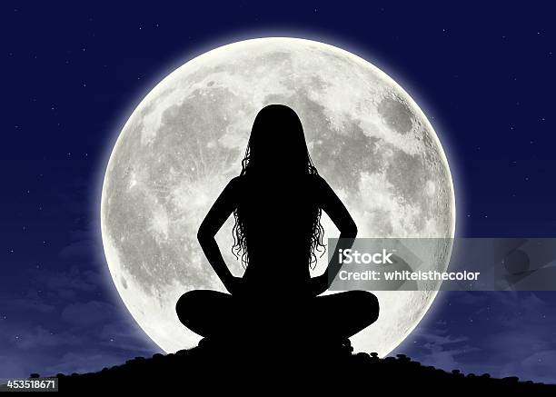 Young Woman In Meditation At The Full Moon Stock Photo - Download Image Now - Moon, Moon Surface, Women