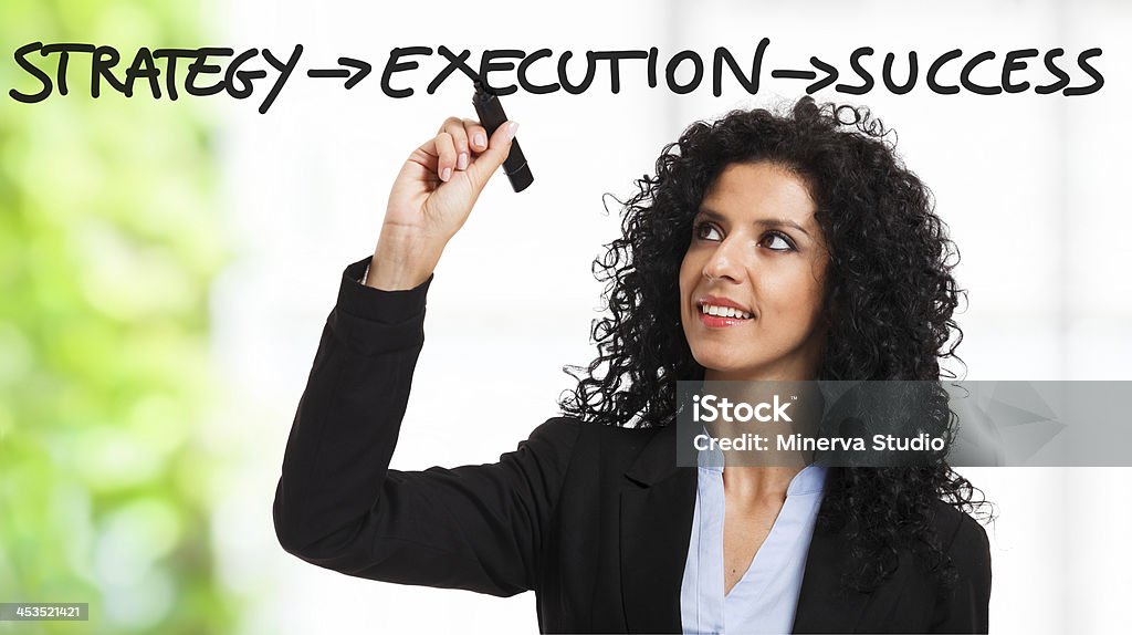 Strategy, execution, success Businesswoman writing a motivational concept on the screen Execution Stock Photo