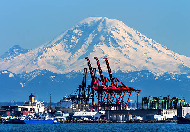 istock Seattle Port Red Cranes Ships Mt Rainier Washington 453525339