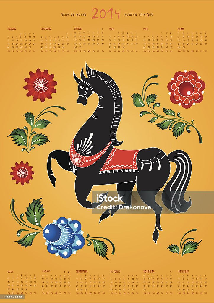 Calendrier 2014, folk russe peinture cheval avec des fleurs. - clipart vectoriel de 2014 libre de droits
