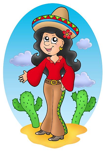 Cute Mexican girl in desert - color illustration.
