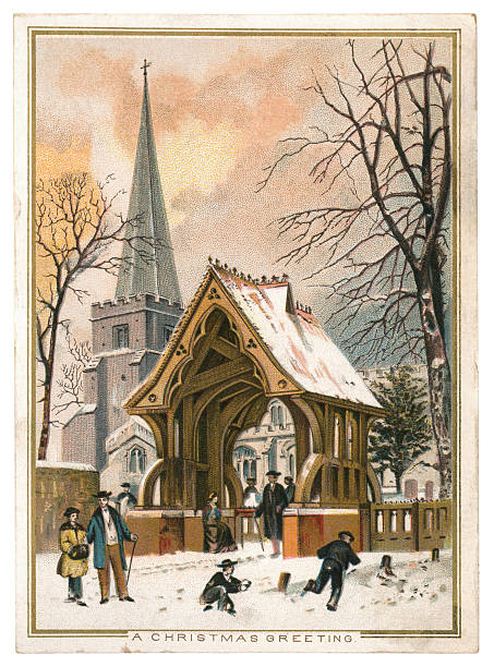 Christmas greetings card, 1884 An old stained Victorian Christmas card showing a church, lychgate, snow and boys playing snowballs. A note on the reverse gives the date as 1884. religious christmas greetings stock illustrations