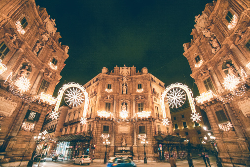 Palermo night scene in Christmas lights.