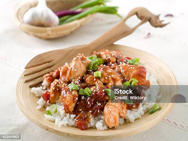 Rice With Chicken Sauce Stock Photo - Download Image Now - Chicken Meat, Sesame, Honey
