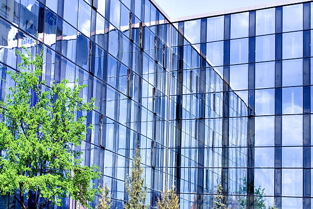istock glass buildings and blooming apple trees garden in spring 453542003