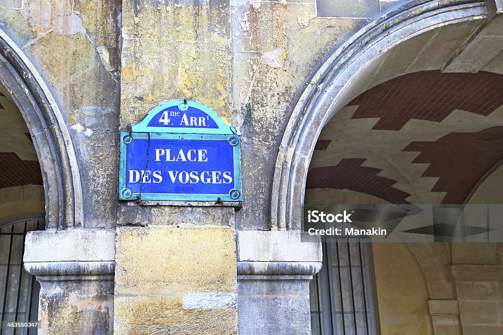 Place des Vosges sign in Paris, France Place des Vosges Stock Photo