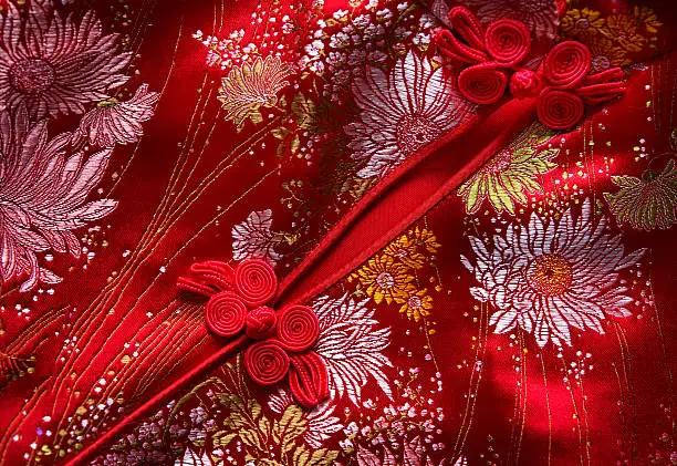 Traditional Chinese Red knot buttons on Cheongsam silk dress details