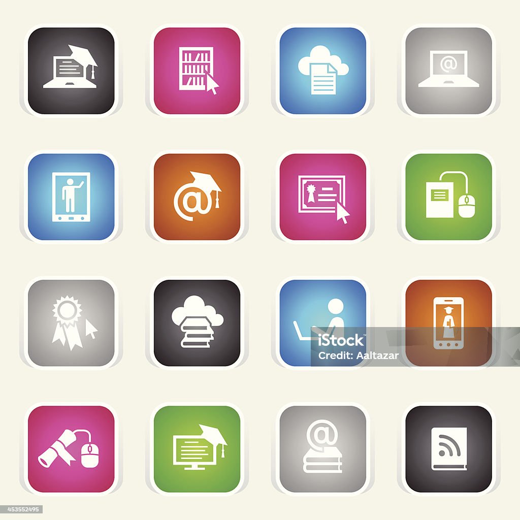 Multicolor Icons - Online Education 16 icons representing different online education icons. 'at' Symbol stock vector