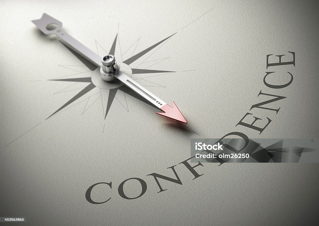 Psychology, Self Confidence Coaching Needle of a compass pointing the word confidence, 3D render, concept image for self-confidence Confidence Stock Photo