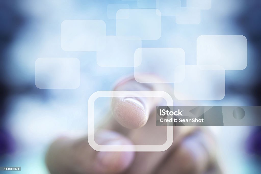 Humans interact with touchscreen device Human Finger and  Button Accessibility Stock Photo