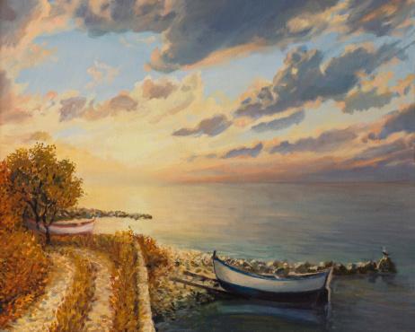 An oil painting on canvas of a romantic colorful sunrise by the sea with a boat floating on a tranquil water surface.