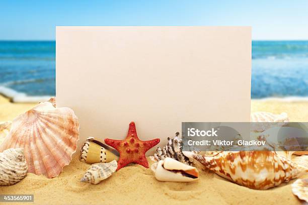 Carta Bianco Con Conchiglie Sulla Spiaggia - Fotografie stock e altre immagini di Stella marina cornuta - Stella marina cornuta, Bianco, Blu