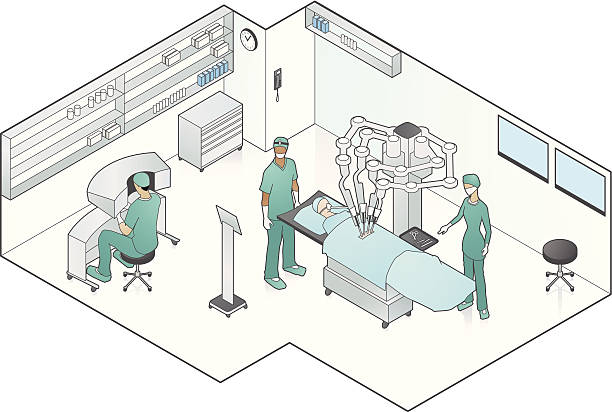 illustrazioni stock, clip art, cartoni animati e icone di tendenza di robot con l'intervento - chirurgia robotica